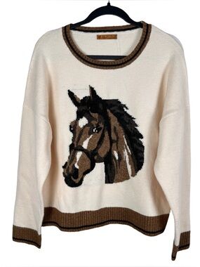Belldini Cream Crewneck Sweater with Brown & Black Horse Motif
